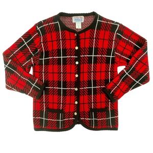 Tally Ho Red Black Plaid Button Cardigan Sweater Women's Sz. M Cozy Knit Pockets